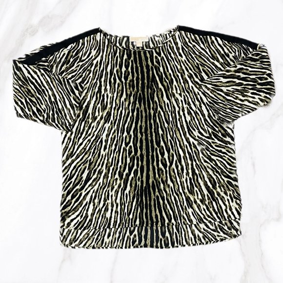 Michael Kors Women's Green & Black‎ Leopard Print Gathered Sleeve Blouse, Size L - Picture 1 of 7